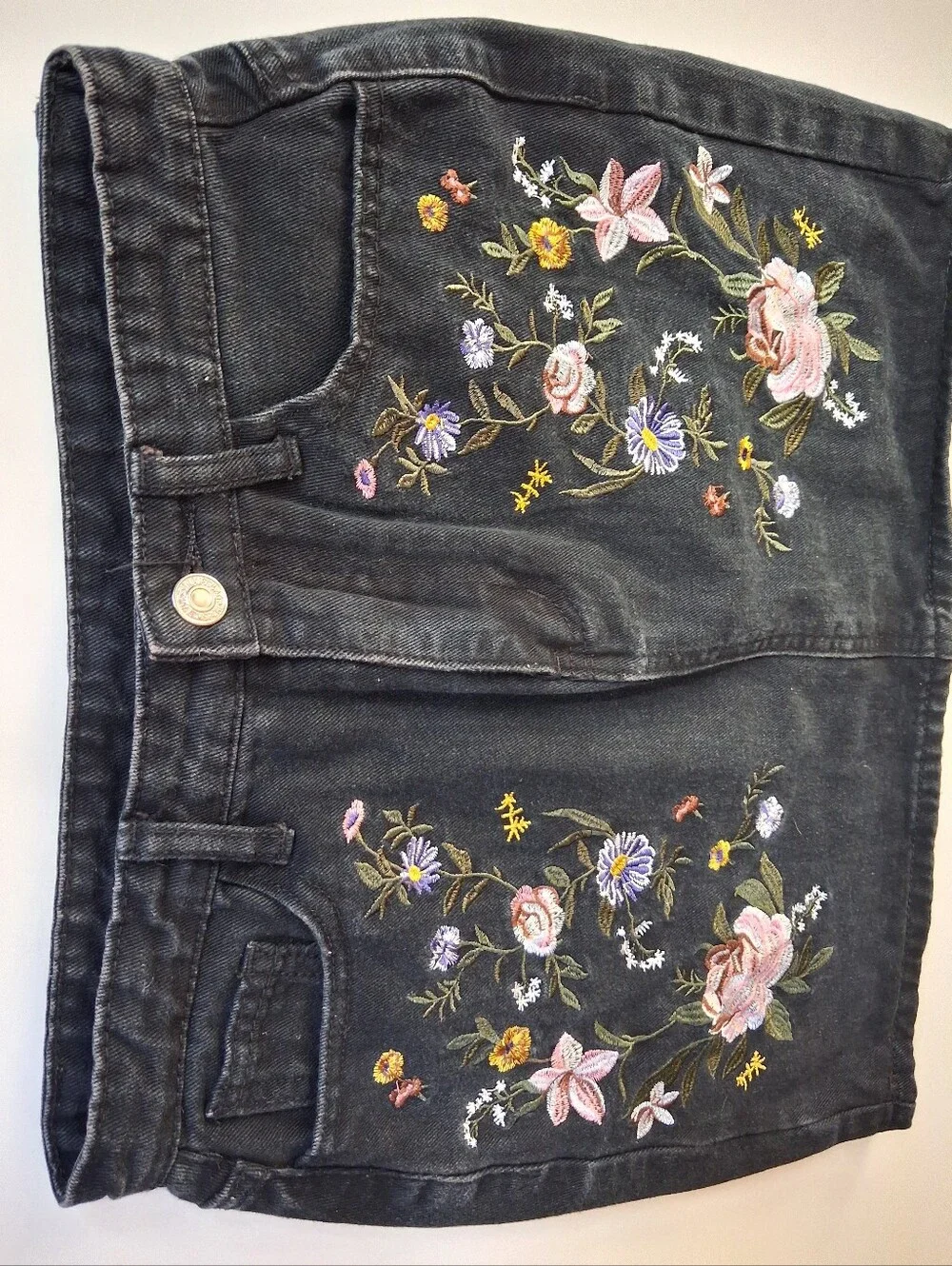 Black Denim Floral Embriodered Skirt